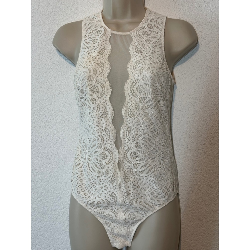 Victoria's Secret Ivory Lace Mesh Plunge Sleeveless Bodysuit S/P High Neck